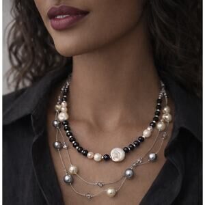 2-Piece Freshwater Pearl & Black Crystal and Layered Silver Pearl Necklaces Set
